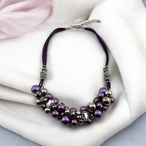 Chunky Bubble Necklace Purple and Silver Balls - Picture 1 of 11